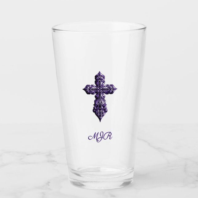 Embossed-look Gothic Cross in Purple with Monogram Glass (Front)