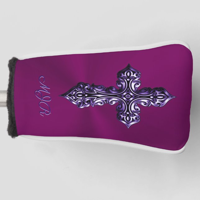 Embossed-look Gothic Cross in Purple with Monogram Golf Head Cover (Front)