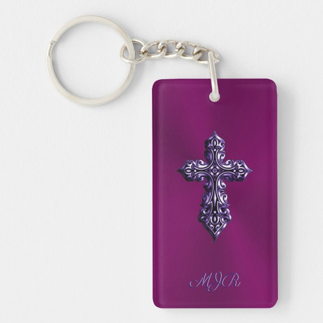 Embossed-look Gothic Cross in Purple with Monogram Key Ring (Front)