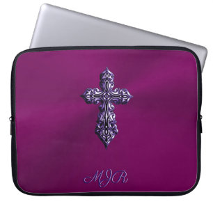 Embossed-look Gothic Cross in Purple with Monogram Laptop Sleeve