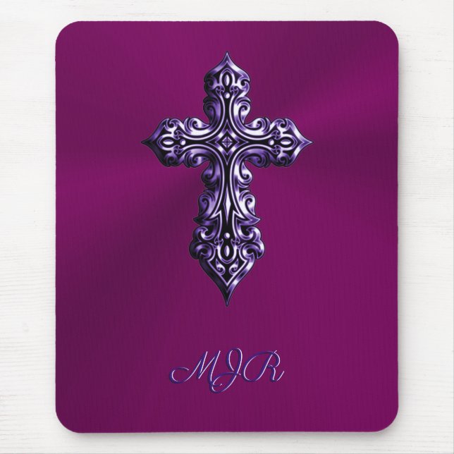 Embossed-look Gothic Cross in Purple with Monogram Mouse Pad (Front)