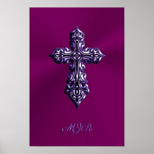 Embossed-look Gothic Cross in Purple with Monogram Poster