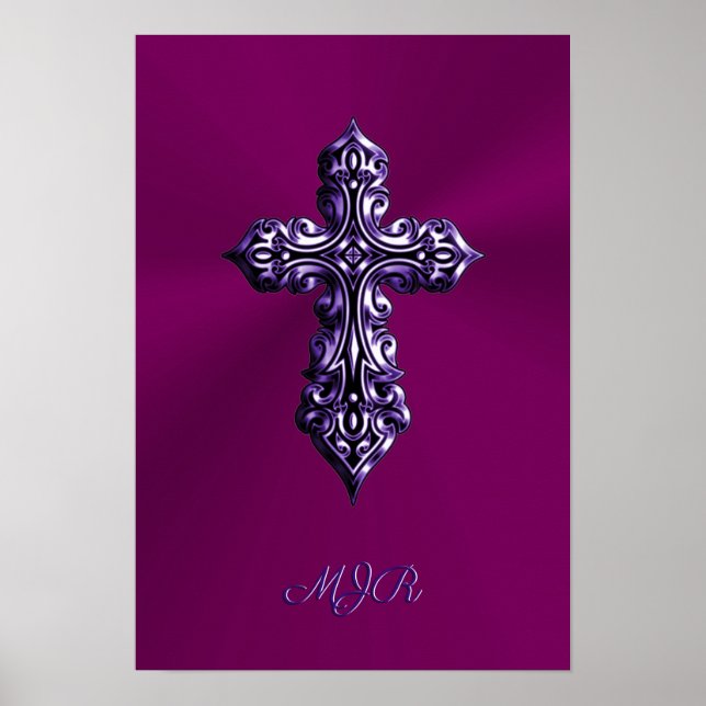 Embossed-look Gothic Cross in Purple with Monogram Poster (Front)