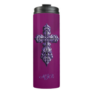 Embossed-look Gothic Cross in Purple with Monogram Thermal Tumbler