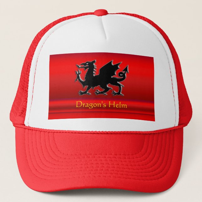 Embossed-look Red Dragon on red chrome-effect Trucker Hat (Front)