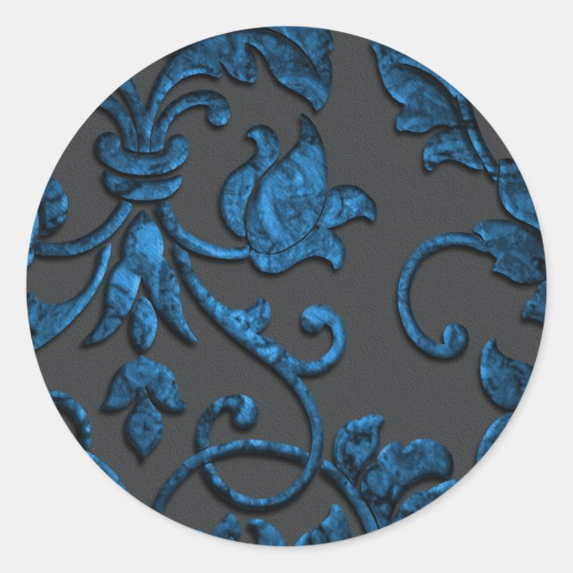 Embossed Metallic Damask, Blue Classic Round Sticker (Front)