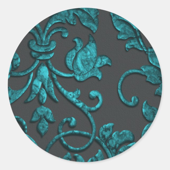 Embossed Metallic Damask, Teal Classic Round Sticker (Front)