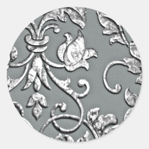 Embossed Metallic Look Damask Silver Classic Round Sticker
