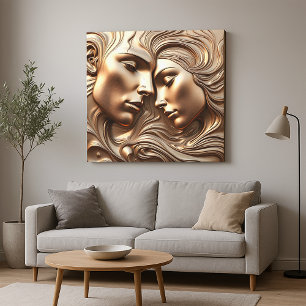 Embossed Molten Bronze Lovers in Romantic Embrace Canvas Print