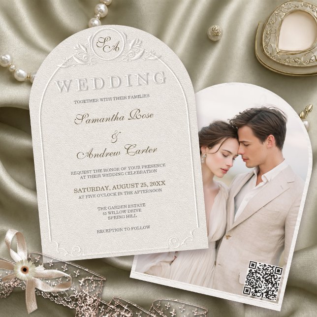 Embossed Monogram Arch Photo Wedding QR Code Invitation (Creator Uploaded)