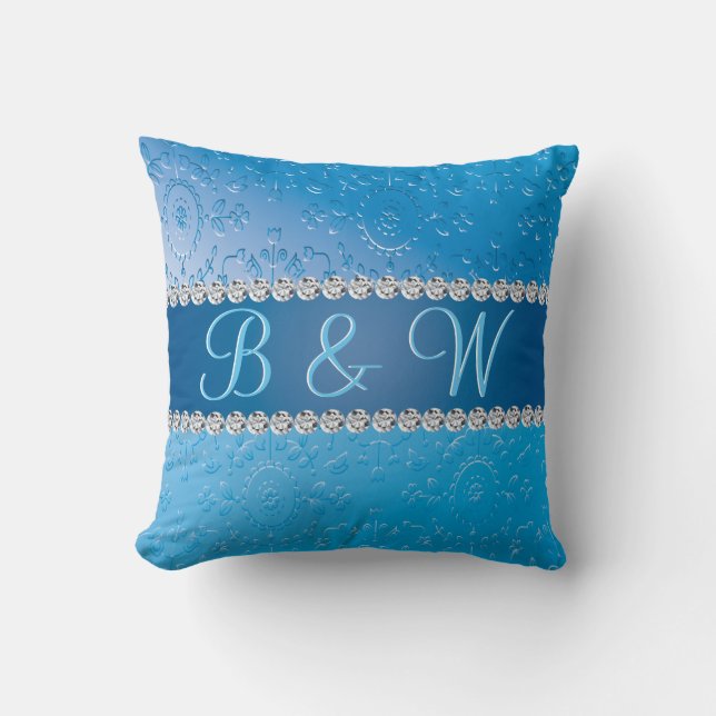 Embossed Monogram Blue Flower Cushion (Front)