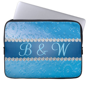 Embossed Monogram Blue Flower Laptop Sleeve
