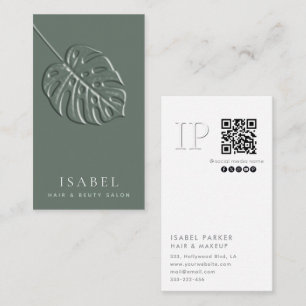 Embossed monstera leaf monogram Qr code  Business Card