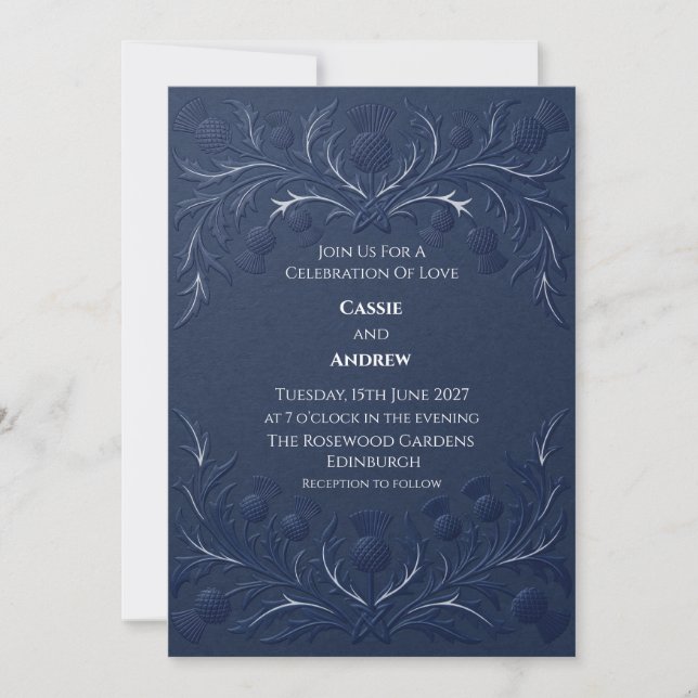 Embossed Navy Blue Scottish Thistle Wedding Invitation (Front)