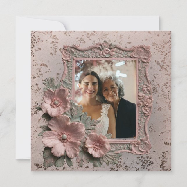 Embossed pink floral Grandma photo frame Card (Front)