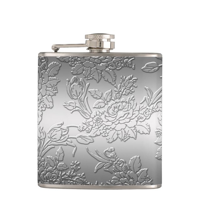 Embossed Polished Silver Roses and Tulips Hip Flask (Front)