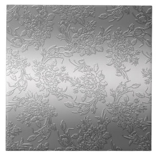 Embossed Polished Silver Roses and Tulips Tile
