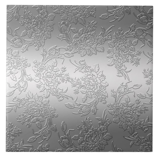 Embossed Polished Silver Roses and Tulips Tile (Front)