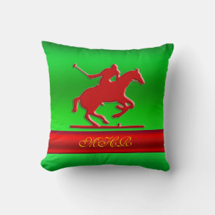 Embossed Polo Player, Monogram, red chrome-look Cushion