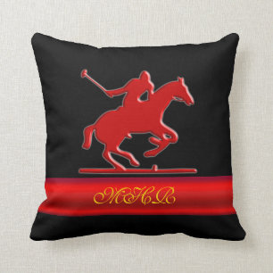 Embossed Polo Player, Monogram, red chrome-look Cushion