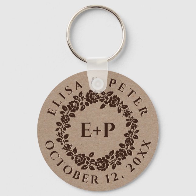 Embossed rose wreath on rustic kraft paper wedding key ring (Front)