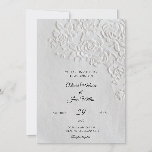 Embossed Roses Deckled Edge Sage Wedding Invitation (Front)