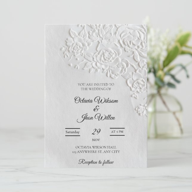 Embossed Roses Deckled Edge Sage Wedding Invitation (Standing Front)