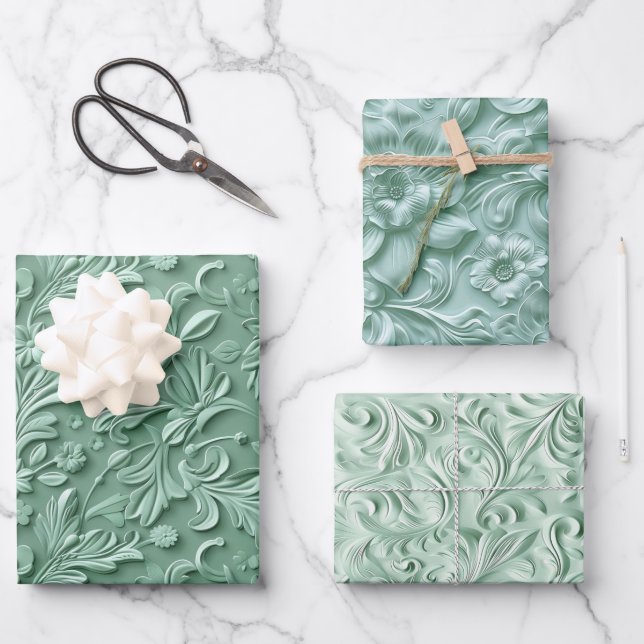 Embossed Shades of Mint Green Wrapping Paper Sheet (Front)