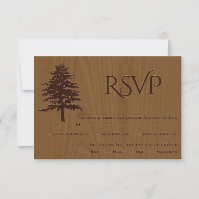 Embossed tree on wood rustic wedding RSVP card (Front)