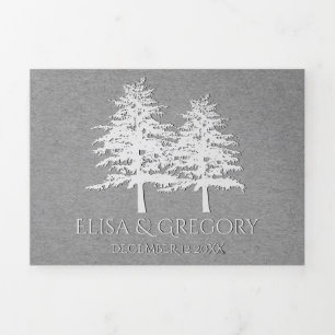 Embossed trees grey kraft paper winter wedding Tri-Fold invitation