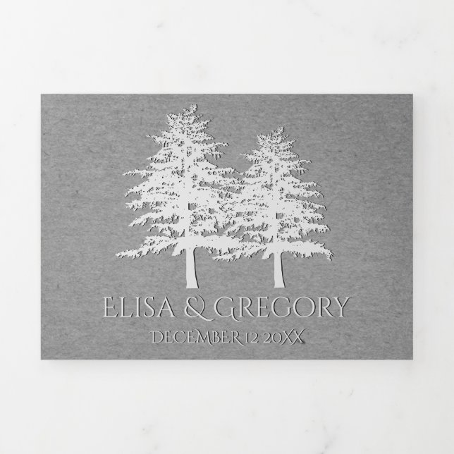 Embossed trees grey kraft paper winter wedding Tri-Fold invitation (Cover)