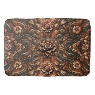 Embossed Vintage Floral Faux Leather Look Bath Mat