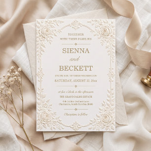 Embossed Wedding Sculpted Rose Crest Frame Invitation