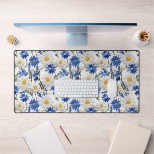 Embossed White Daisy With Blue Nigella Flowers Desk Mat