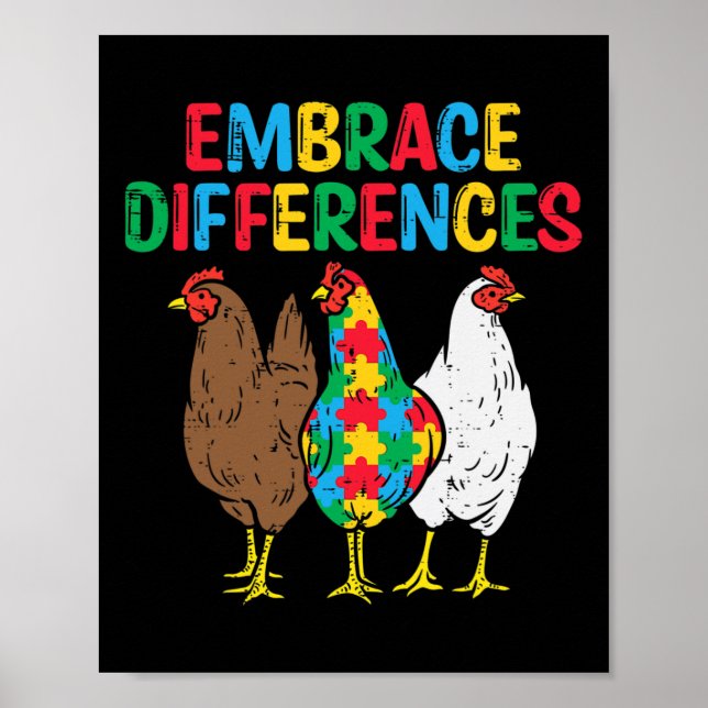 Embrace Differences 3 Chickens Puzzle Autism Aware Poster (Front)
