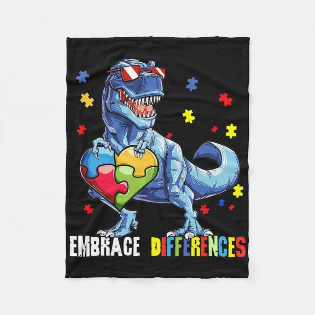 Embrace Differences Asd Spectrum Dinosaur Autism A Fleece Blanket (Front)