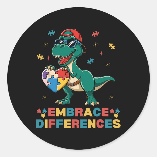 Embrace Differences Autism Awareness T-rex Puzzle  Classic Round Sticker (Front)