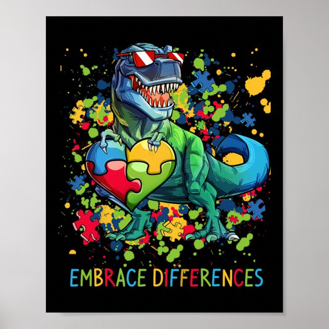 Embrace Differences Autism Dinosaur T-rex Puzzle H Poster (Front)