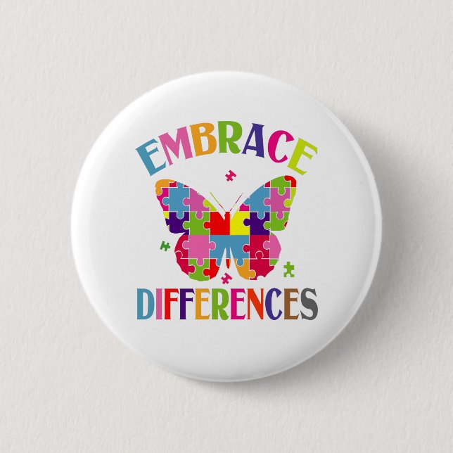 Embrace Differences Cute Colourful Puzzle Butterfl 6 Cm Round Badge (Front)
