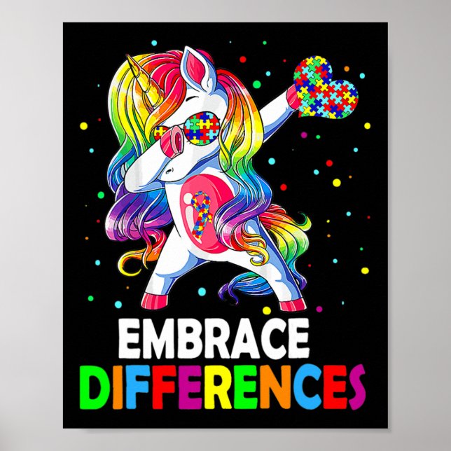 Embrace Differences Dabbing Unicorn Autism Awarene Poster (Front)