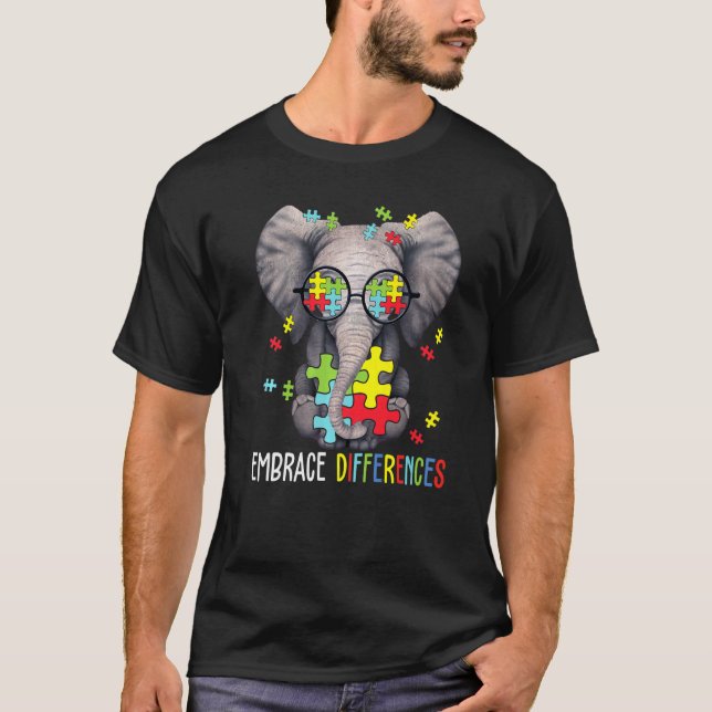 Embrace Differences Elephant Funny Autism Awarenes T-Shirt (Front)