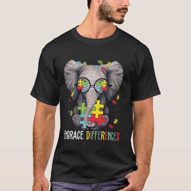 Embrace Differences Elephant Funny Autism Awarenes T-Shirt (Front)