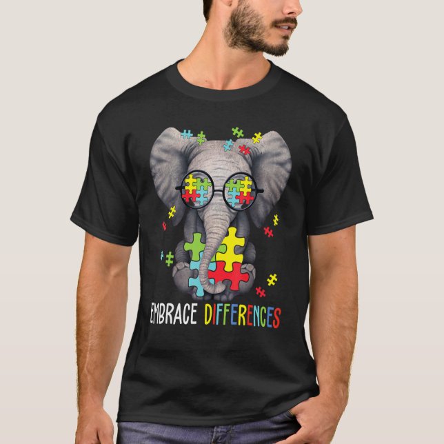 Embrace Differences Elephant Funny Autism Awarenes T-Shirt (Front)