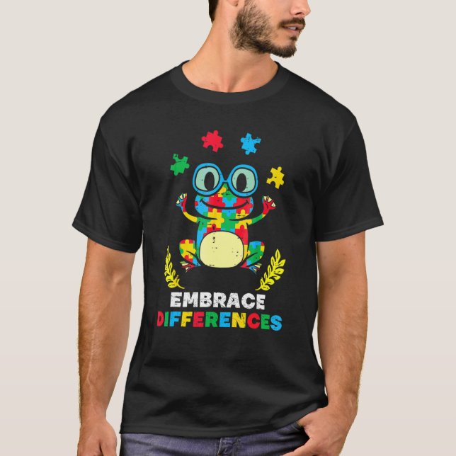 Embrace Differences Puzzle Frog Autism Awareness D T-Shirt (Front)