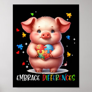 Embrace Differences Puzzle Heart Pig Autism Awaren Poster