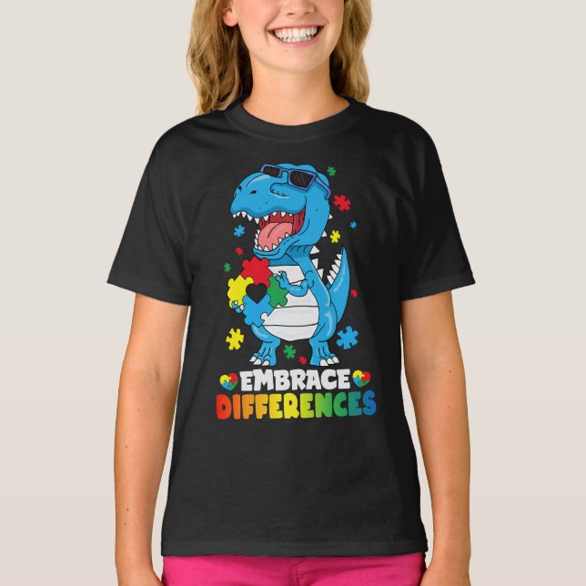 Embrace Differences T Rex Dinosaur Autism Awarenes T-Shirt (Front)