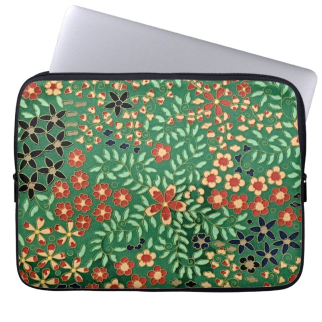 Embrace Elegance: Green Japanese Floral Laptop Sleeve (Front)