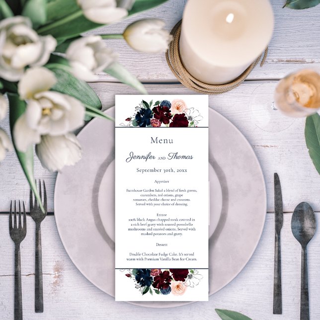 Embrace Floral Wedding Menu | Burgundy Navy Blue (Creator Uploaded)
