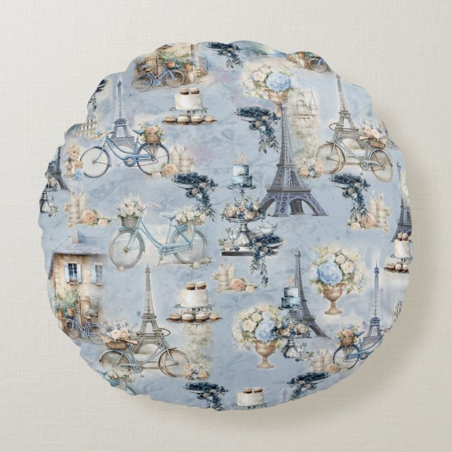 Embrace French country living in Refined Pale Blue Round Cushion (Front)