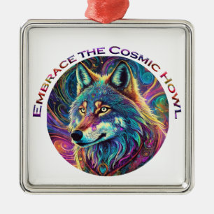 Embrace the Cosmic Howl Wolf Metal Ornament